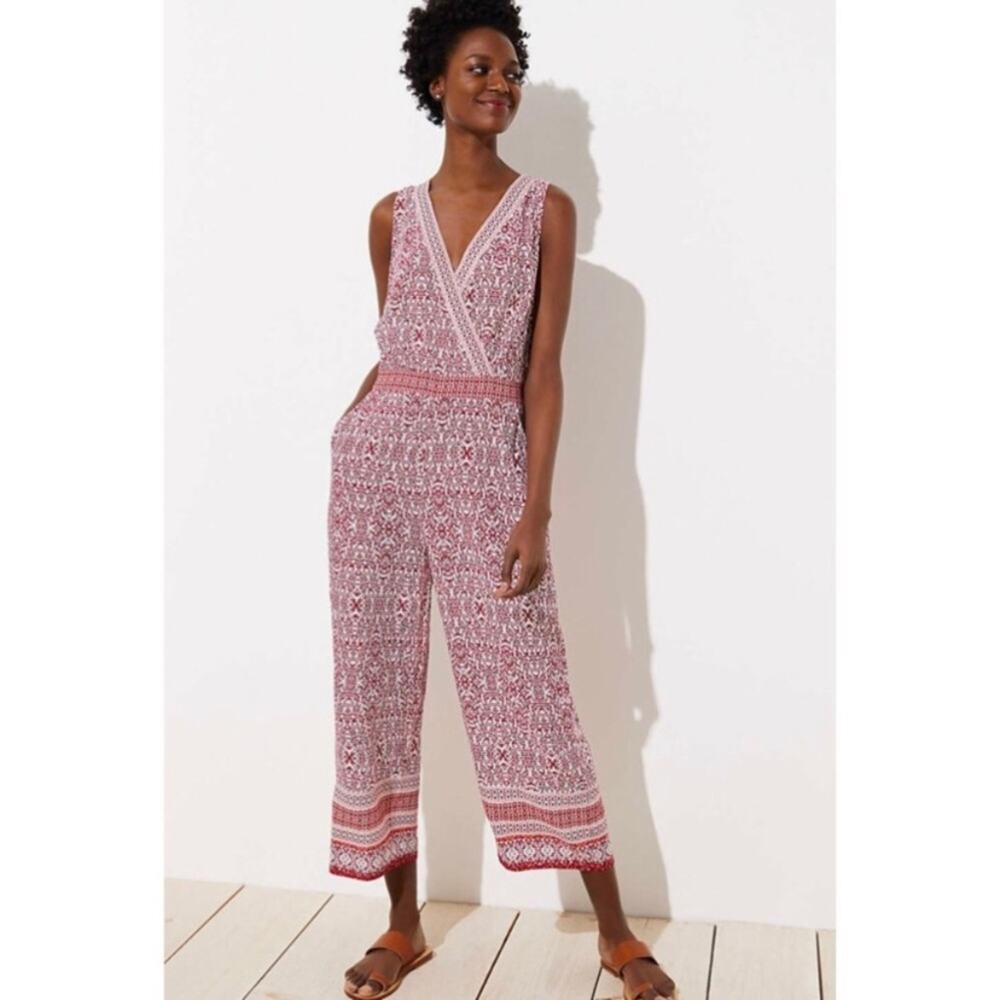 LOFT Beach White&Burgundy Print Rayon Jumpsuit Sz.18 NWT